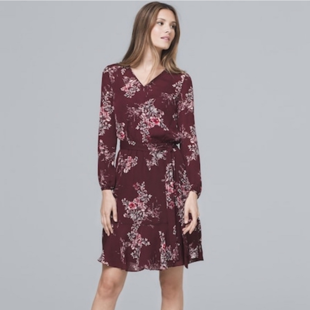 White House Black Market Maroon Floral Peasant Dress- missing sash see my photo